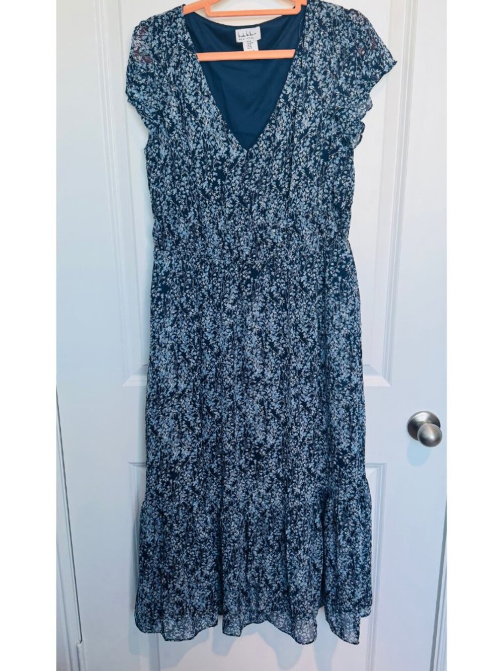 (2 for $15) Nicole Miller New York Blue Floral Tiered Midi Dress Size M